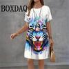2026 Fashion Tie Dye Cute Cat Print Dresses For Women Summer Casual Short Sleeve Loose Dress Street Elegant Ladies Dress