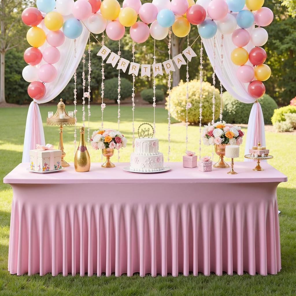 4/5/6/8Ft Spandex Tablecloth,Wrinkle Free Fitted Table Cloth Cover with Skirt for Parties Weddings Birthday Banquet Baby Shower