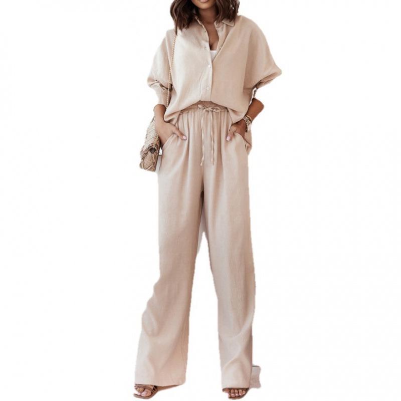 2025 Women's Spring Fashion Solid Color Lapel Shirt & High-Waisted Pants Set