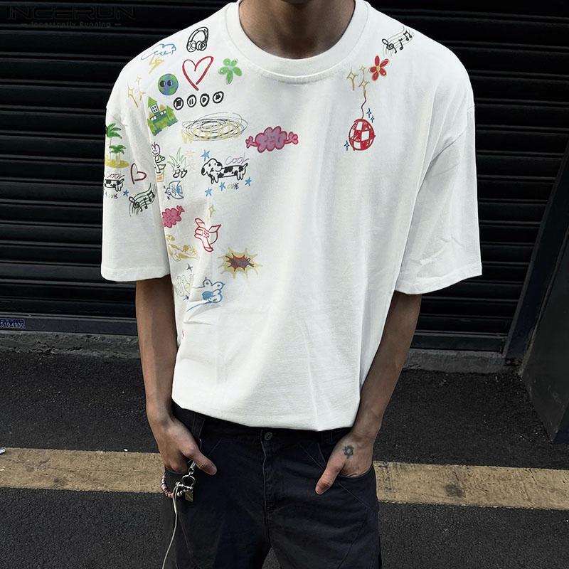 INCERUN Summer Men Short Sleeve Cartoon Print Casual T-shirts Tee