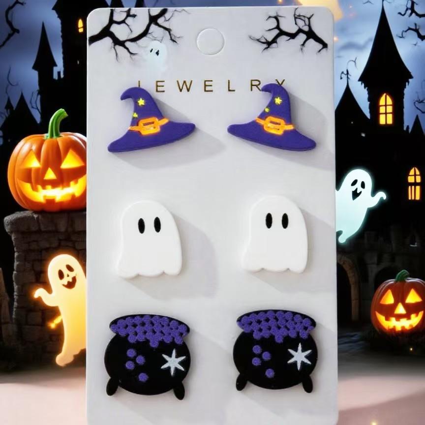 Новый Акриловый Хэллоуинский Колдовской Шляпа Ужас Призрак Медицинский Чайник Серьги-Гвоздики Набор Праздничная Вечеринка Уши