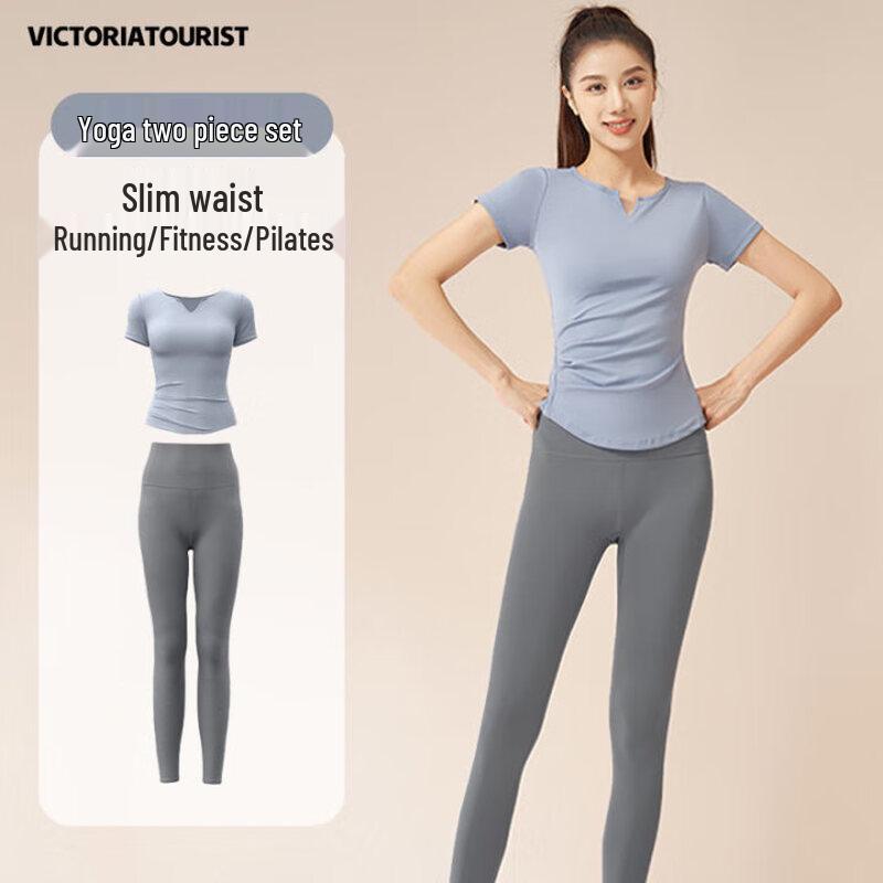 VICTORIATOURIST Women s Loose-Fit Short Sleeve Yoga & Training Set L