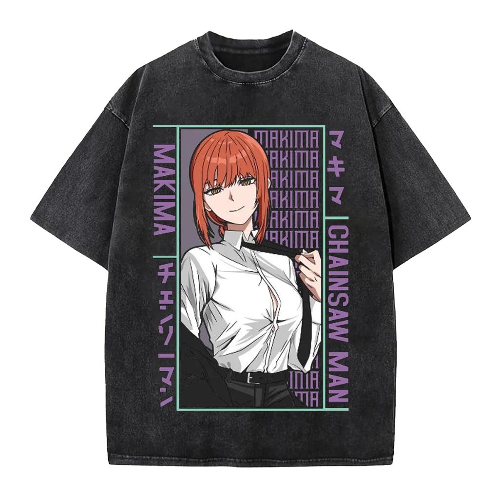 Chainsaw Man Anime Graphic T-Shirt Retro Washed Black Cotton Short Sleeve Men Casual Printed Top Manga Fashion
