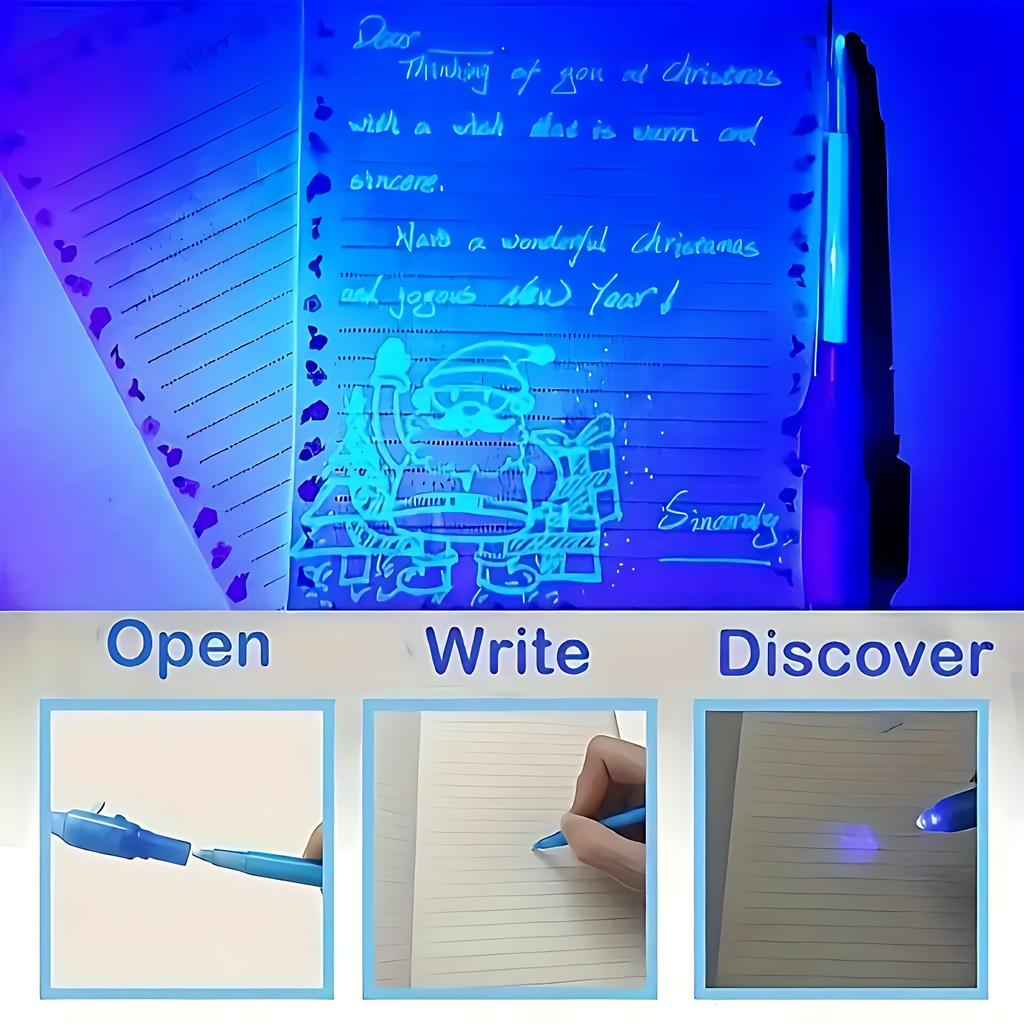20 Stück Unsichtbarer Tintenstift Set - Geheime Nachrichten schreiben - Inklusive UV-Licht zum Enthüllen von Nachrichten, Farbe des Stifthalters ist zufällig.