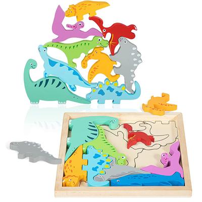 Rompecabezas de madera Montessori dinosaurio apilamiento juguetes para niños niñas regalos