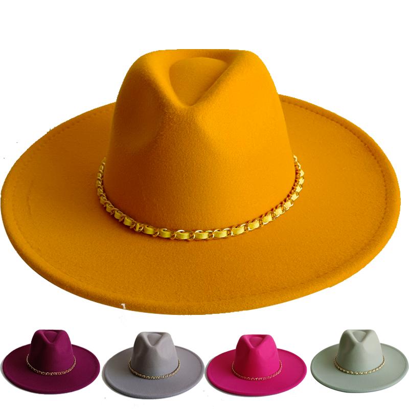 Yellow Fashion Fedora Hat With Colorful Chain 9.5Cm Wide Brim Hat For Women Winter Men'S Hat Cowboy Felt Hat Sombreros
