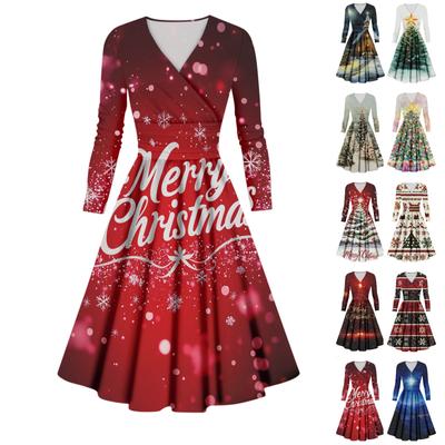 Kadın Günlük Ve Moda Noel Baskılı Uzun Kollu V Yaka Seksi Elbise