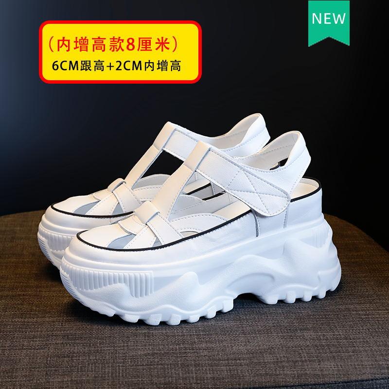 Sandálias de Plataforma Sapatos Femininos Chinelos com Aumento de Altura Interna Verão Feminino para Exterior Novo Sandálias Respiráveis de Couro de Vaca com Bico