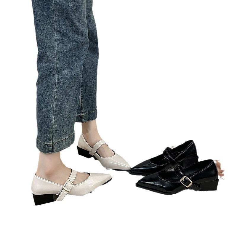 New pointed versatile thick heel women's middle heel shoes with shallow temperament Mary Jane leather single shoes