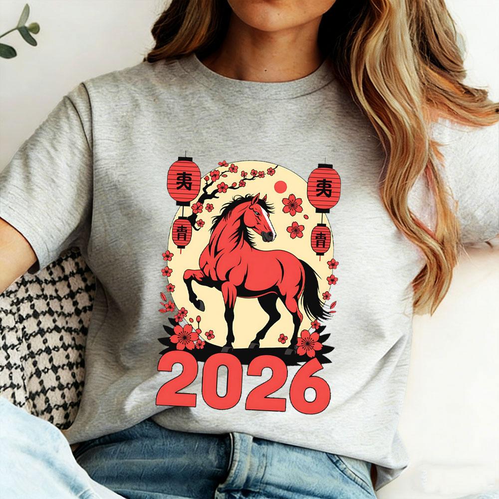 

Year of The Horse 2026 T-Shirt Chinese Zodiac Shirt Lunar New Year Tee Horse Design NYE Celebration Graphic Tee Women Clothing XL