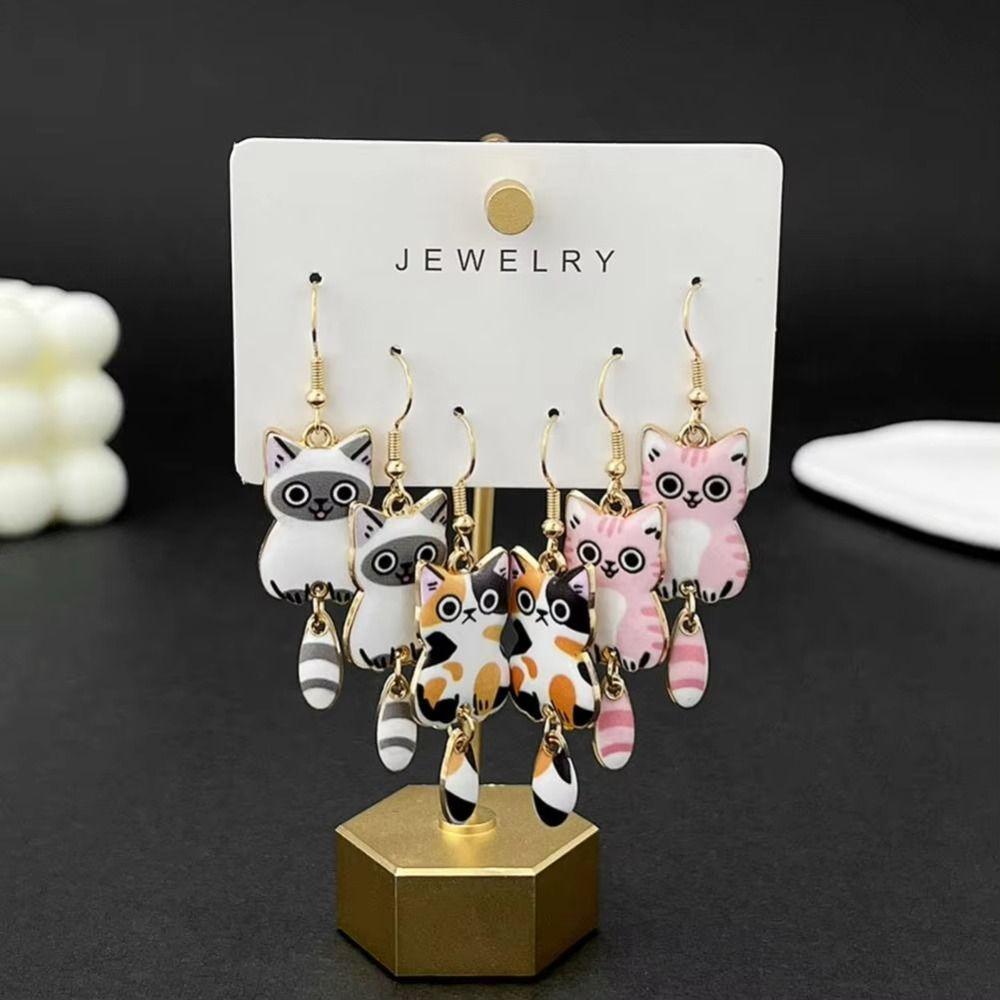 Enamel Zinc Zinc Alloy Cat Dangle Earrings Hanging Tail Cartoon Animal Earrings 3D Cat Earrings  Women Girls