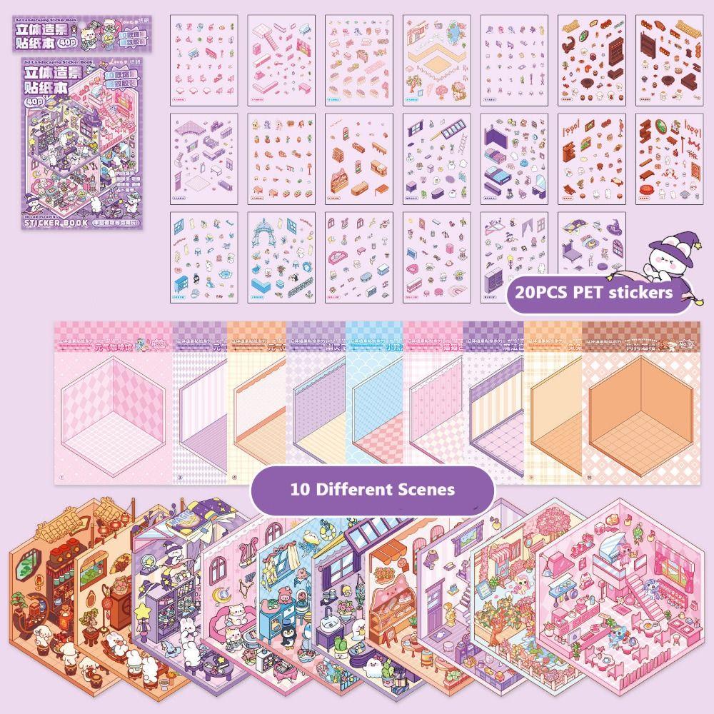 New Cartoon 3D Landscape Sticker Book PET Miniature House Cabin Scene Pocket Sticker DIY Sticker Cabin Scene for Kid
