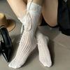 1 Pair Women's Elegant Lace Trim Calf Socks with Bow Detail - Striped Design, Spring Summer Fashion, Lace Socks, Shoe Accessory