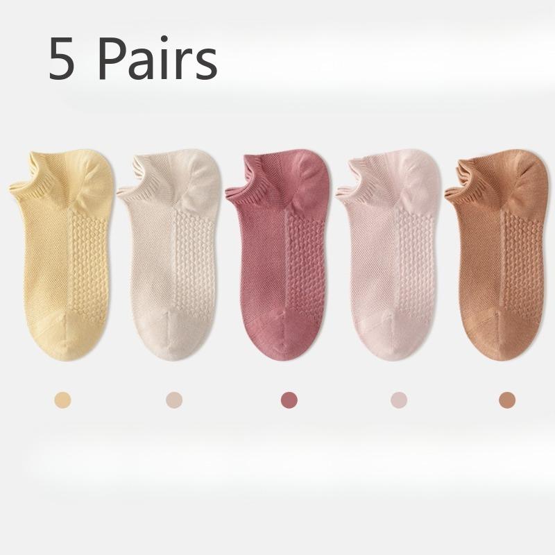 5 Pairs of Women's Spring and Summer Thin Mesh Breathable Pure Cotton Non Drop Heel Short Boat Socks