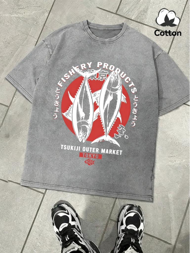 Tokyo Fishery Products Prints Washed TShirt Mens Cotton Oversized Tops Casual Short Sleeve T Shirts Summer ONeck MenS Clothes