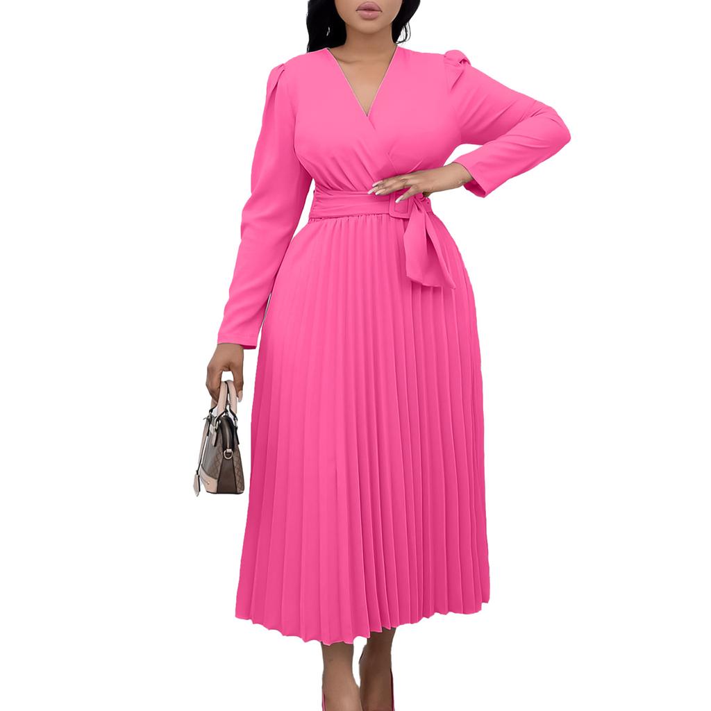 Large Size Women Fashion Solid V Neck Long Sleeves Dress Ladies Elegant One Piece Lace Up Slim Pleated Dress
