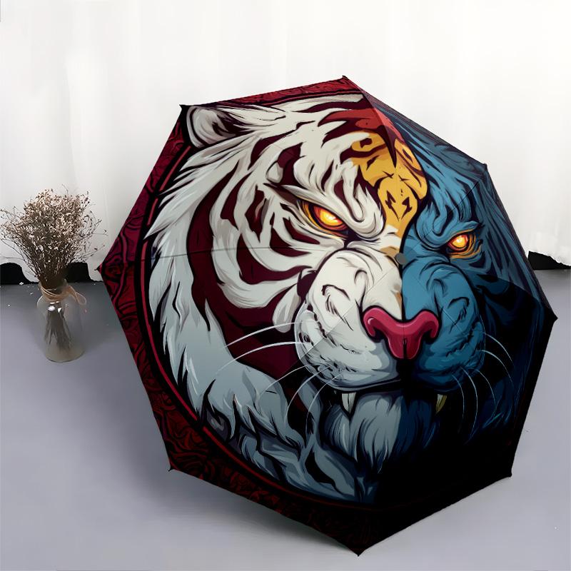 Ferocious Tiger Pattern, Automatic Folding Umbrella, Portable and Foldable Design, 8 Ribs, a Christmas or Birthday Gift.