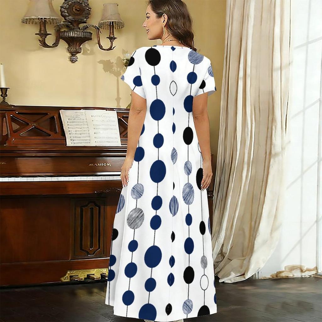 Women Plus Size V Neck Short Sleeve Geometric Printed Casual Long Dress