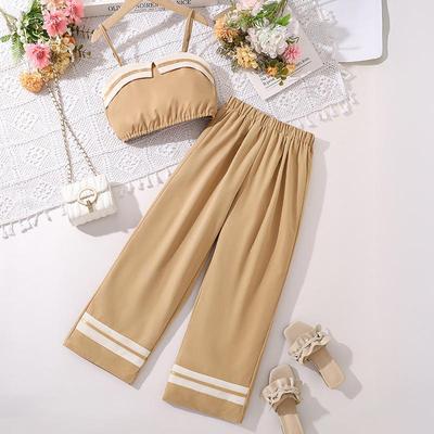 Modepak voor Meisjes 2025 Zomer Kinderen Haltertop Hoge Taille Wijde Pijpen Broek Casual Pak