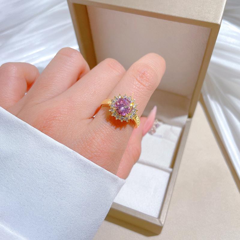 Real Gold Pink Round Full Diamond Ring Opening Adjustable Simple Jewelry Japanese Ring Couple Ring