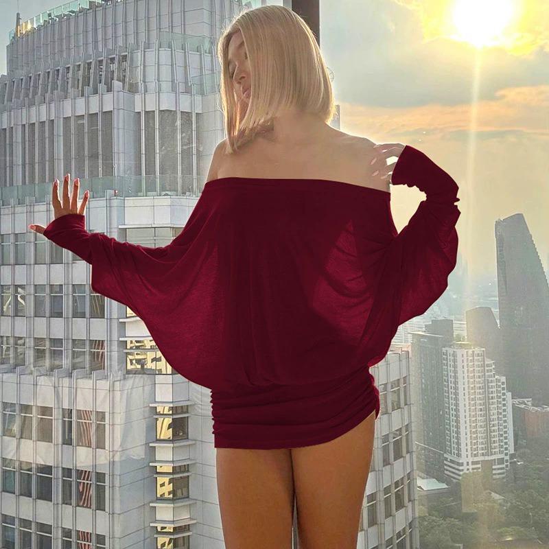 Women Solid Color Off Shoulder Batwing Sleeve Loose High Waist Bodycon Mini Dress