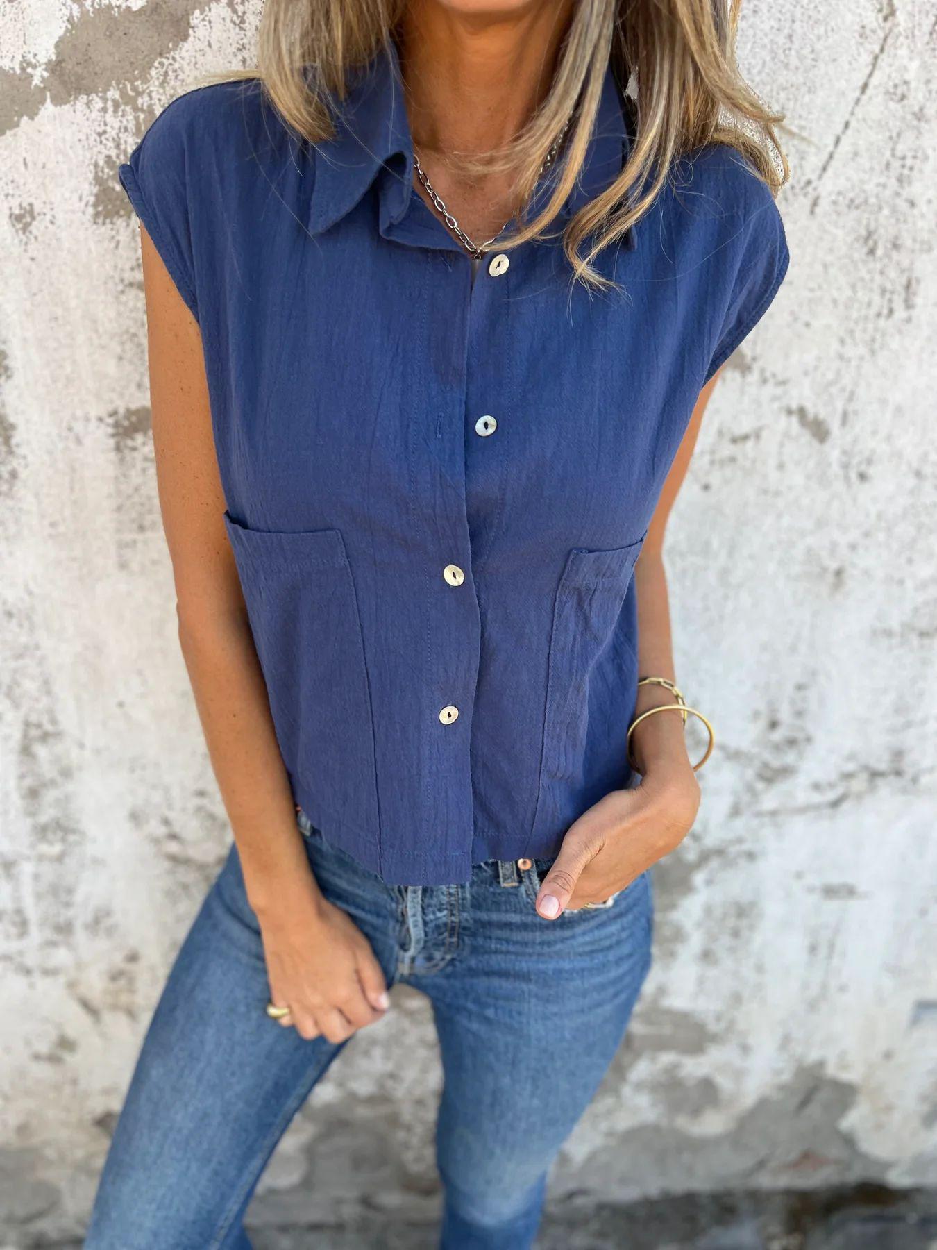 

Women s Casual Cotton Linen Short Sleeve Button Pocket Shirt 3XL