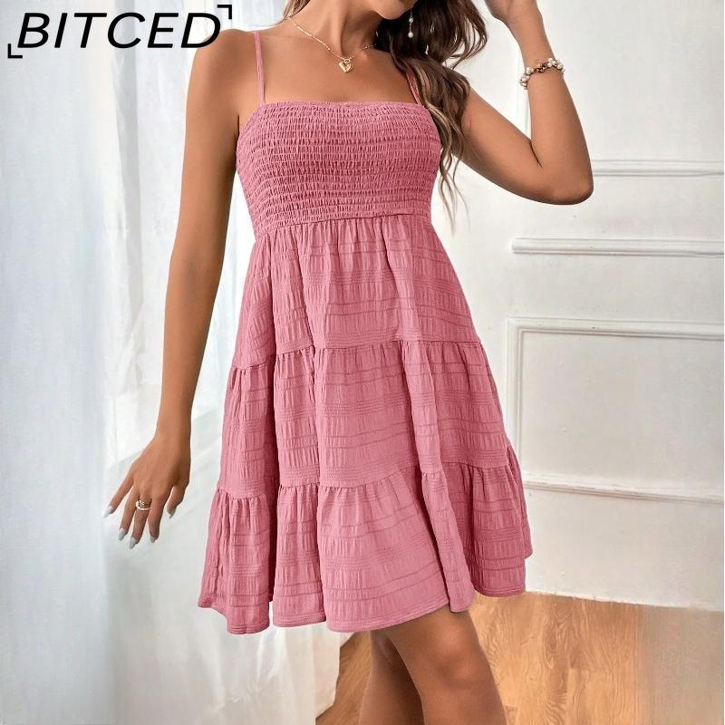 BITCED Women's Summer Off-the-Shoulder Fine-Strap Solid-Colour Textured Dress