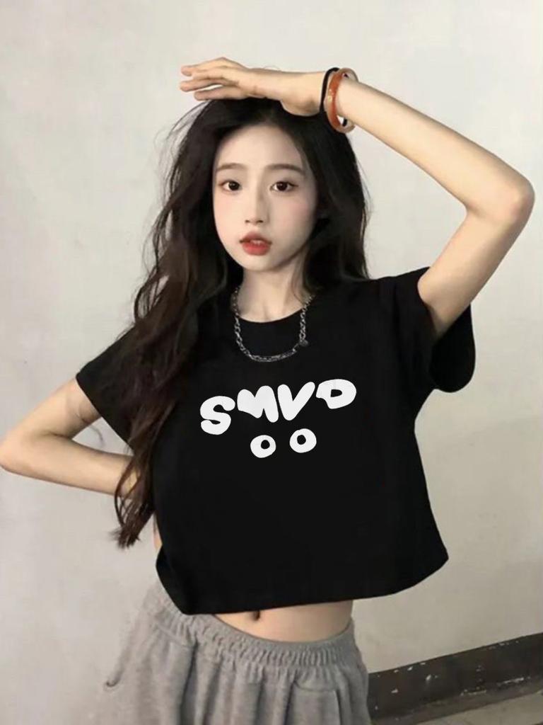 Pure cotton small man black shoulder short-sleeved shirt women's summer new loose and thin design short top