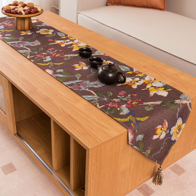 

New Chinese style coffee table tablecloth cotton linen flower bird zen tea party tea table tea table mat TV cabinet cover towel long table flag 30x120