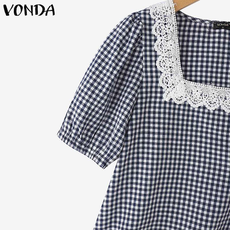 VONDA Summer Women Square Collar Plaid Lace Hem Patchwork Puff Sleeve T-shirts