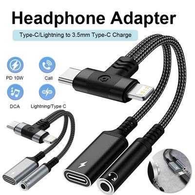 2 In 2 Lightning/USB Type C To 3.5mm Headphone Audio Aux Jack Adapter PD Charging Cable Converter for iPhone 15 Samsung Xiaomi 3