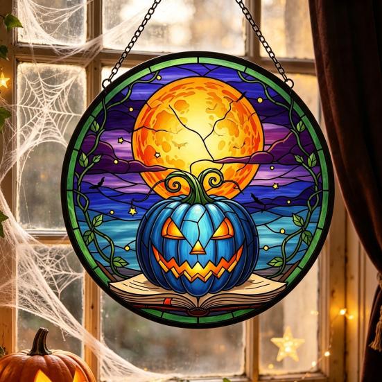Stained Glass Style Acrylic Suncatchers Halloween Pumpkin Suncatcher, Round Window Hanging Ornament, Mysterious Holiday Theme Wall Displays Full Moon