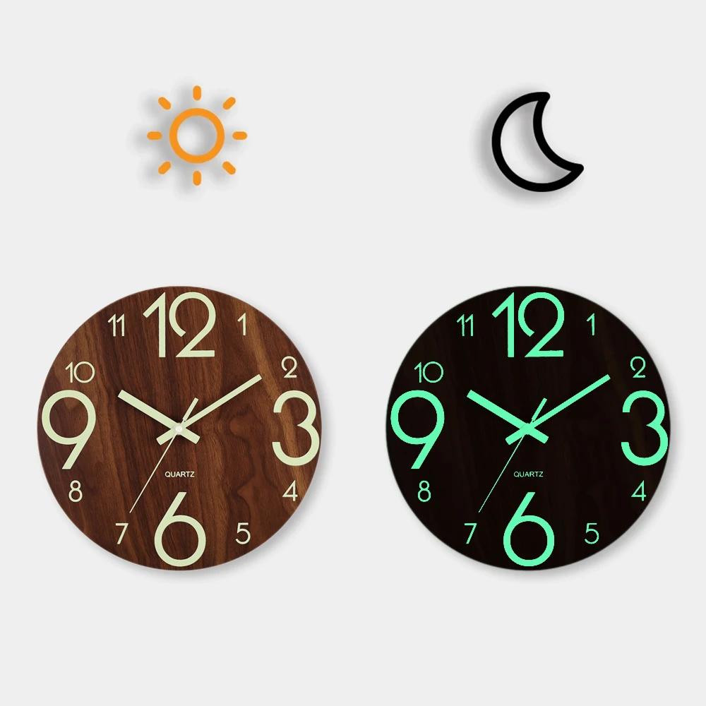 

12 Inch Luminous Wooden Wall Clock, Silent Non Ticking Quartz Clock with Night Light, Nordic Home Bedroom Living Room Decor 12 inch