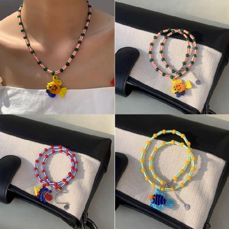 Exquisite Beaded Necklace with Glass Fish Pendant Handmade Clavicle Chain Unisex Choker Versatile Accessory for Women