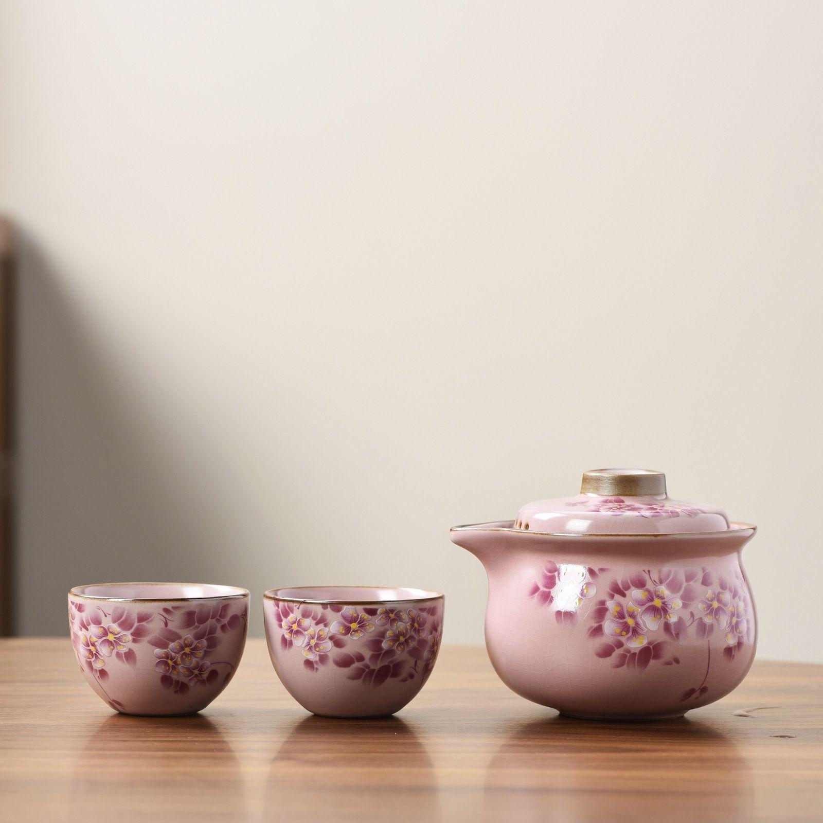 

Pink Ruyao Anti-heat Tea Set,big-leaf Hydrangea Flowers Jasmine Teaware, A Teapot Two Cups, Kung Fu Tea Set, for Lady Girlfriend