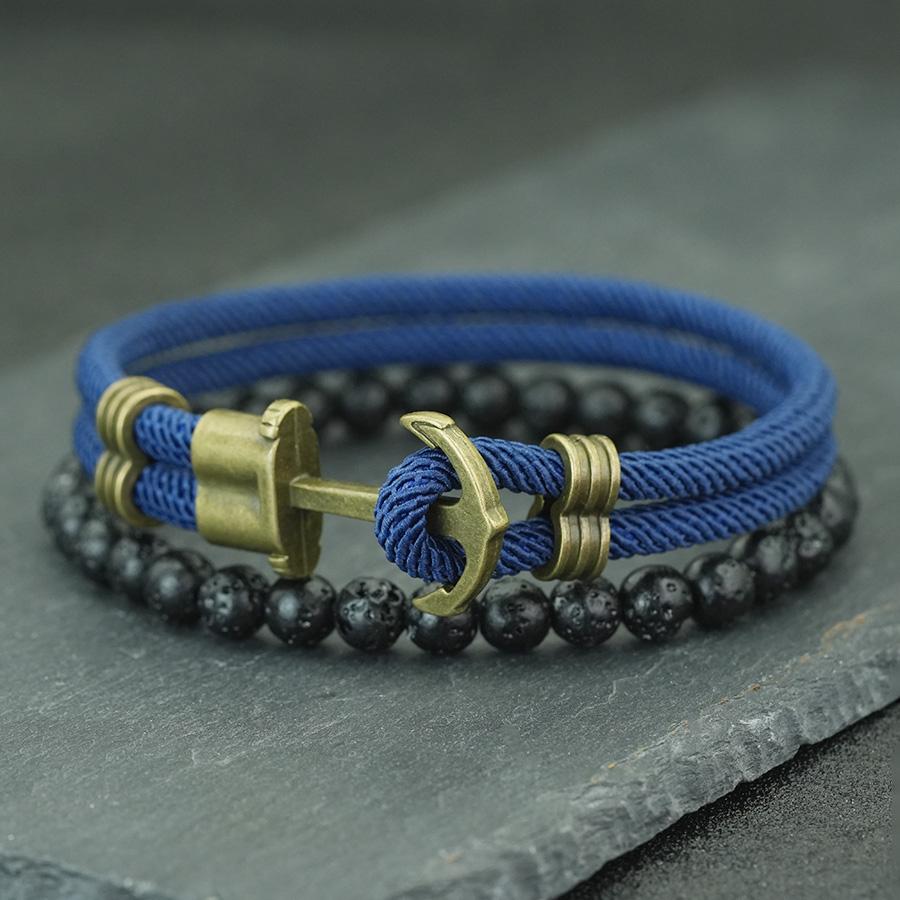 2Pcs Retro Anchor Bracelet For Men 6mm Natural Lava Stone Braslet Set Pulseria Hombre Nautical Wrap Rope Braclet Leisure Jewelry