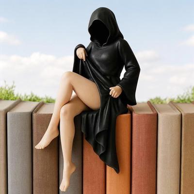 3D Handmade Resin Death Black Robe Bookshelf Figure Sitting Mysterious Statue Gothic Spooky Display Sculpture Desktop Home Decor