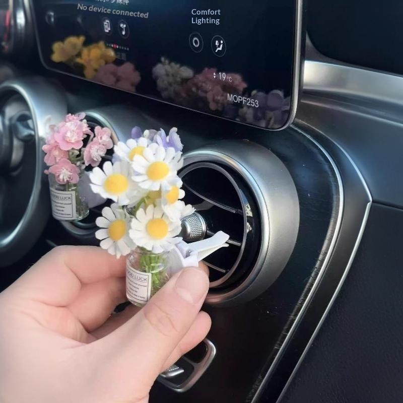 Car Center Console Air Outlet Simulated Flower Clips Ornaments Baby'S Breath Jasmine Vase For Girls Car Decorations