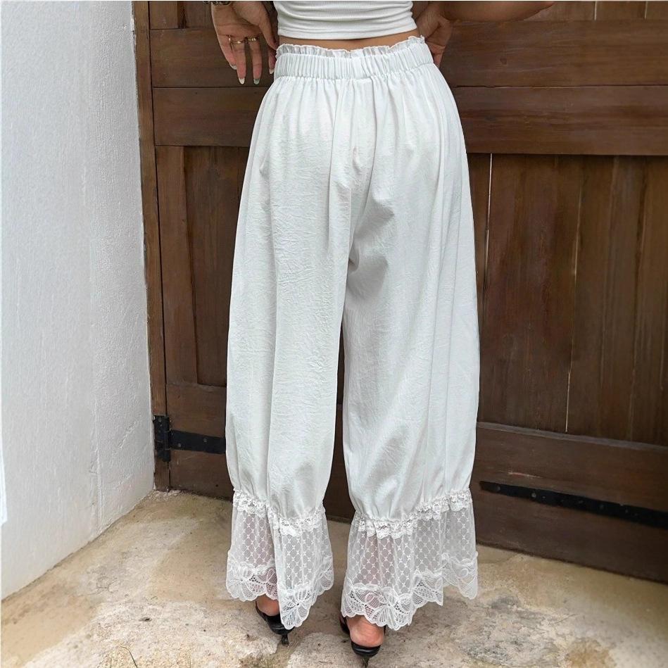 White Wide Leg Pants with Lace Trim Hem