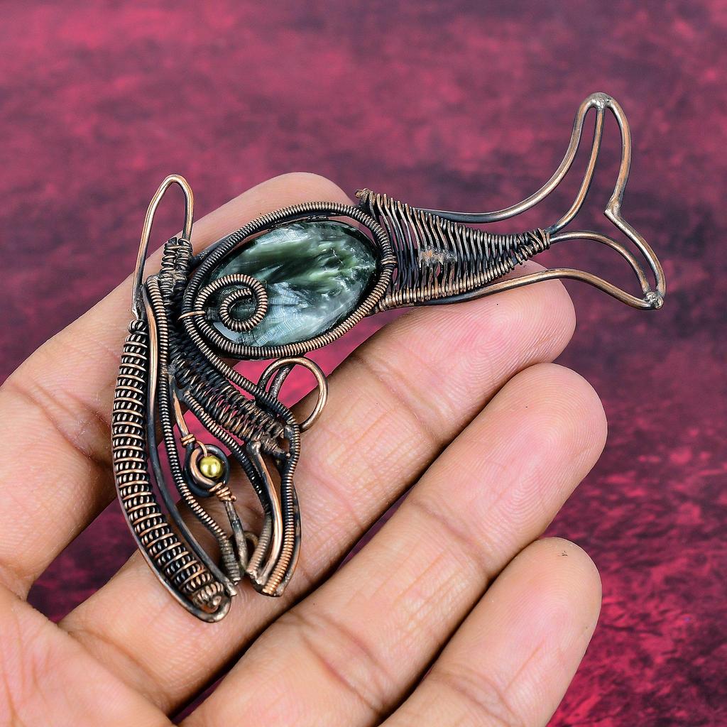 Seraphinite Gemstone Pendant Copper Wire Wrapped Pendant Fish Handmade Jewelry