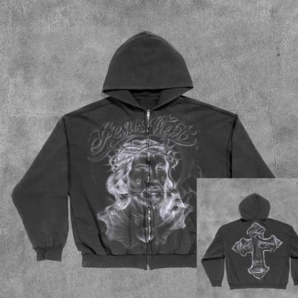 ZYLLO Punk Style Skull Washed Long Sleeve Pullover Hoodie Hip Hop Retro Street Loose Oversized Sweatshirt Harajuku Gothic Top