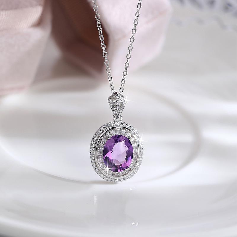 New Sterling Silver Oval Necklace Natural Crystal Stone Pendant Necklace Women's Niche Premium Light Luxury Versatile Clavicle Chain Daily Gifts