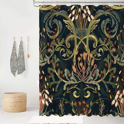 Vintage Schwarz-Grün Floral Duschvorhang Dunkel Botanisch Moos Badezimmer Vorhänge Mid Century Badezimmer Dekor Wasserdicht