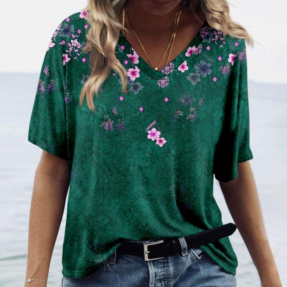 Flower Series 3D Digital Printed Women's Fun and Comfortable V-neck Short Sleeved T-shirt