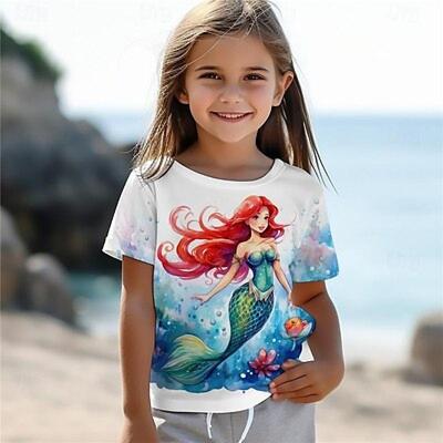 T-Shirt für Mädchen mit 3D-Meerjungfrauen-Motiv, kurzärmelig, 3D-Druck, für den Sommer, aktiv, modisch, süß, Polyester, für Kinder von 3–12 Jahren, Rundhalsausschnitt, Outdoor, lässig, für den Alltag, normale Passform