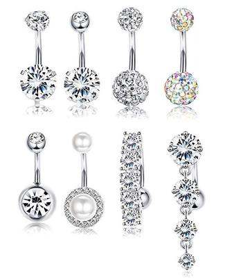 Set of 8 Zircon Pearl 316L Stainless Steel Navel Rings Sexy Body Piercing Jewelry for Women Belly Button & Dangle for Wedding
