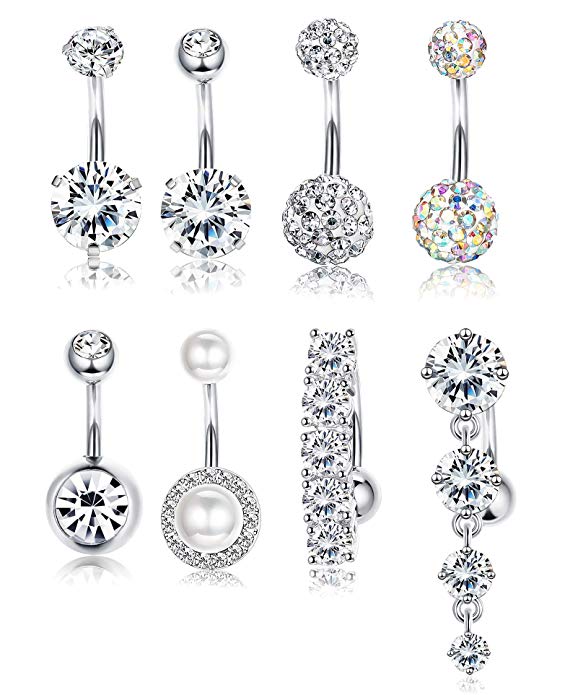 Set of 8 Zircon Pearl 316L Stainless Steel Navel Rings Sexy Body Piercing Jewelry for Women Belly Button & Dangle for Wedding