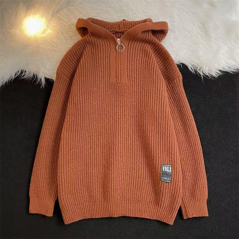 

Мужская зимняя толстовка с капюшоном на молнии до середины: Трендовый, Свободный, Ленивый Стиль, Вязаный, Однотонный, Повседневный Свитер. 2XL коричневый