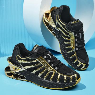 Men's Air Cushioned Road Running Shoes, Breathable Weaving, Lightweight and Fashionable Walking Sports Shoes, Gold and Silver St