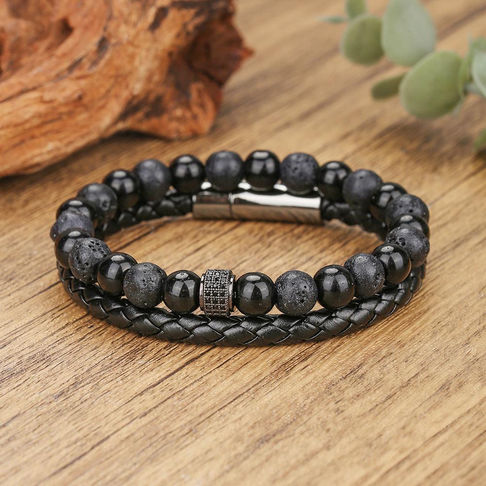Men's Retro Style Magnetic Buckle Leather Bracelet with Zinc Alloy and Volcanic Stone